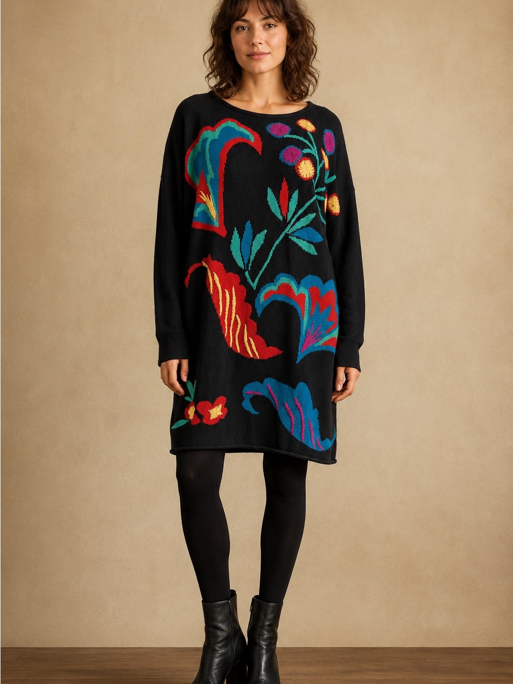Vintage 80-90 Metropolis by Catharine Lover Floral Sweater Tunic Black Size M